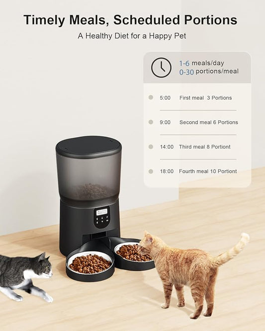 Automatic Cat Feeders for 2Cats, 6L/25cup Automatic Cat Food Dispenser with 2 Stainless Pet Bowls,10s Meal Call Timer Setting 20 Portions 6Meals Per Day, Timed Pet Feeder for Cats Dog Indoor Dry Food