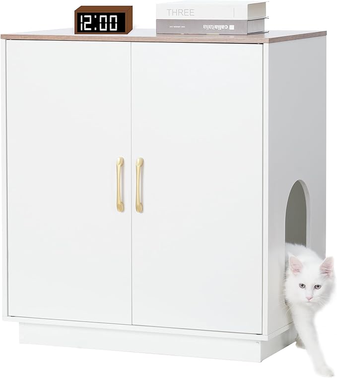 Litter Box Enclosure, 30.9'' High Large Litter Box Furniture, Modern Cat Litter Box Enclosurewith Hidden Storage, Side Table, End Table, White and Brown GCLB003WWB