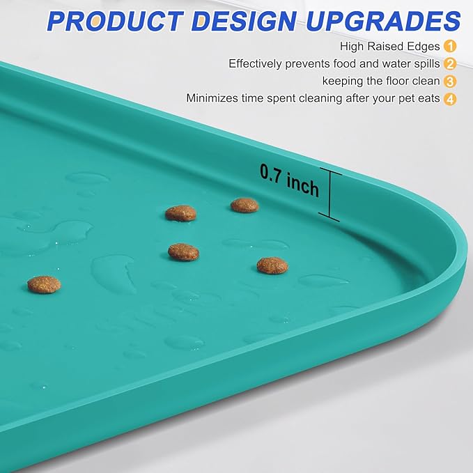 Silicone Pet Feeding Mat with Raised Edge for Food and Water, Dog Bowl Mats, Cat Bowls Placemat with High Lip for Floor Waterproof, Rubber Tray for Cats and Dogs 19 x 12 x0.7 Dark Turquoise