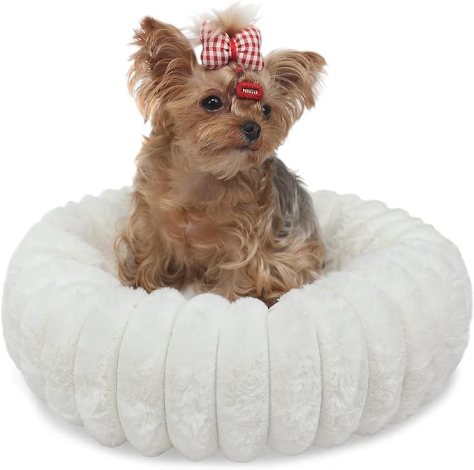 Tiny Dog Bed for Small Dogs and Cats – 16 Inch Donut Washable Soft Comfort Indoor Extra Small Pet Bed,Calming Anti-Anxiety Non-Slip Fluffy Plush Faux Fur Round Puppy Beds Fits Up to 5 lbs Pets,Cream