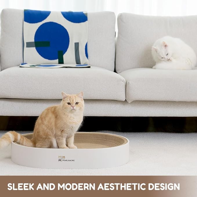 Cat Scratcher Cardboard Bed for Indoor Cats – Large (24.4x17.7x3.9in), Lounger, Round, Reversible, Durable, Protects Furniture, Cat Bowl & Scratching Pad, Safe with Cornstarch Glue