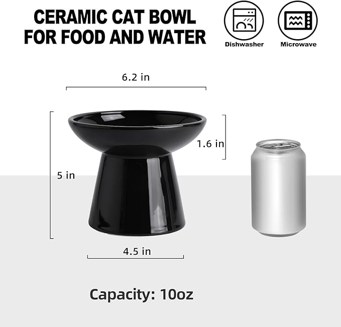 Extra Wide Elevated Cat Food Bowl, Ceramic Cat Bowls for Food and Water, Wide Shallow Cat Food Dish, Whisker Fatigue, Lead & Cadmium Free, Great Height for Cat（Black-1pc）