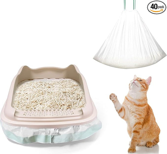 Jumbo Cat Litter Box Liners 40 Ct - Extra Large 37" x 18" Drawstring Litter Pan Liners, 2 Mil Thick Scratch-Resistant, Fits Deep Litter Pans(Pans up to 18") - Leakproof Tear Proof