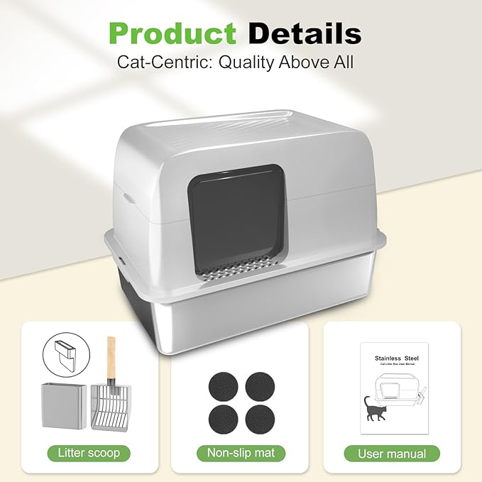 XL Stainless Steel Litter Box with Lid, Extra Large Enclosed Cat Litter Box for Big Cats, High Sided for No-Mess & Odor Control, Easy Clean Metal Pan with Scoop(Grey)