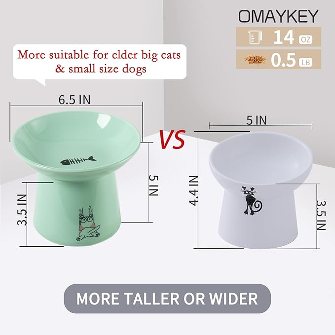 OMAYKEY 6.5 Inch Extra Wide Raised Cat Bowls, Ceramic Elevated Cat Bowl for Food and Water, Wide Shallow Cat Food Dish, Whisker Fatigue, Protect Spine, Lead & Cadmium Free, White & Green