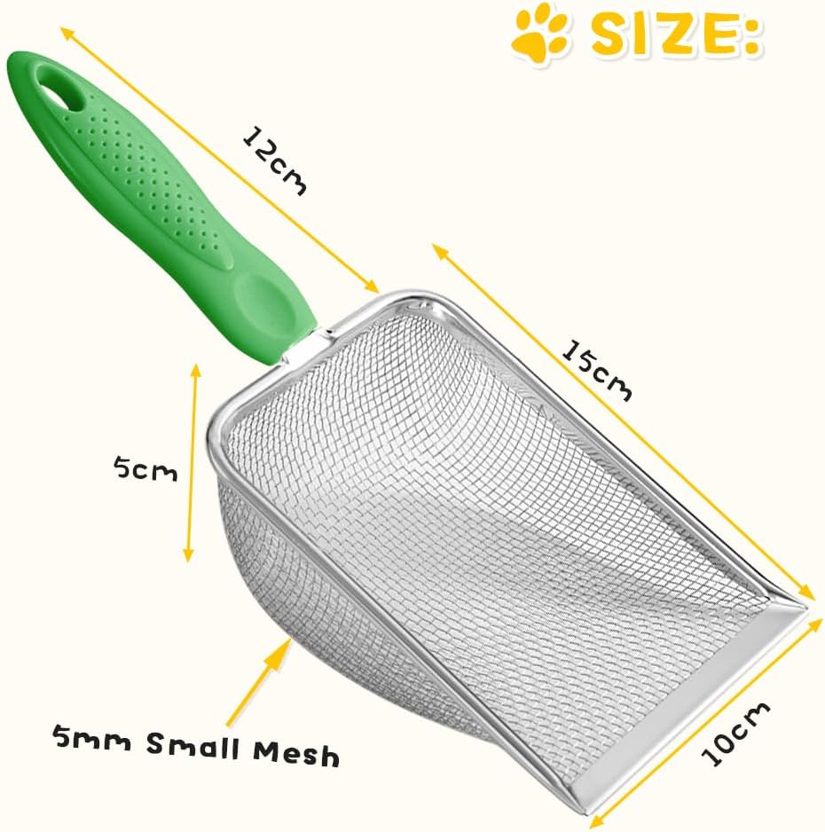 Metal Cat Litter Scoop,Sturdy Litter Cleaner Corner Shovel,Stainless Steel Mesh Litter Shovel,Easy to Clean Reptile Terrarium Sand Waste(Green)