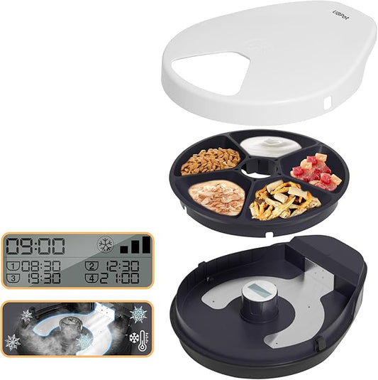 UBPET Cat Wet Food Automatic Feeder with Cooling, Semiconductor Refrigeration, with Timer, 5 Food Compartments for 330g Pet Food Each, Premium Meal Plates, Washable, for Cats