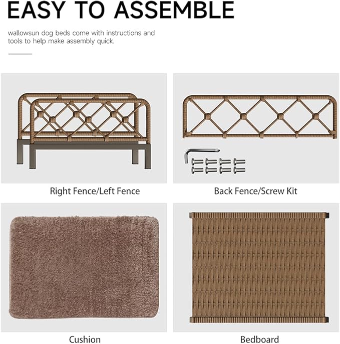 Dog Bed with Cushion, Cooling Elevated Raised Beds with Rattan Breathable Mesh and Universal Mat, Indoor & Outdoor Pet Cots for Small Dog, Brown