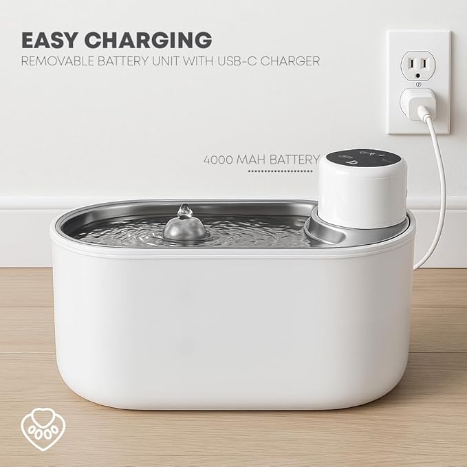 PawPure Wireless Cat Water Fountain, 3L Stainless Steel, 4800mAh Battery, Ultra-Quiet <20dB Pump, Motion Sensor & 3 Flow Modes, BPA-Free, Easy Clean Pet Fountain for Cats & Dogs