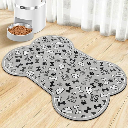 Dog Food Mats for Floors Waterproof, Pet Feeding Absorbent Water Bowl Mat Cat Placemats Gray Bone Shape 23.6 * 15.7 inch
