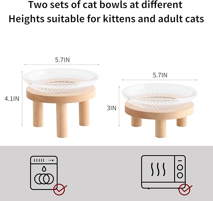 Raised Whisker Fatigue Cat Bowl. Glass Cat Bowls Elevated with Wooden Legs in 2 Heights. Protect The Spine and Prevent Vomiting. 2PCS. KGCCIZI