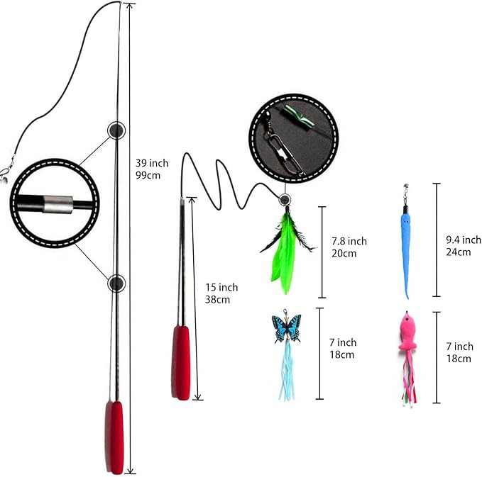 Retractable Cat Toy Wand, 12 Packs Interactive Cat Feather Toys, 9 Assorted Teaser Refills with Bell for Kitten (Pink)