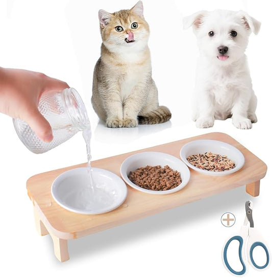 3 Elevated Cat Food and Water Bowl Set with Stand,15°Tilted Raised Pet Bowlfor Kittens/Puppy with 3 Ceremic Dishes, Indoor Cat Food Bowl，Anti-Vomit & Whisker Fatigue Relief, Dishwasher Safe