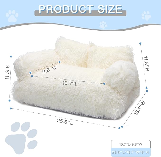 Cat Couch Bed for Indoor Cats, Calming Pet Sofa Puppy Sleeping Bed with Removable Washable Cover, Cute Dog Couch and Kitty Lounge Chair for 18lbs Cat & Small Dog(Plush White)
