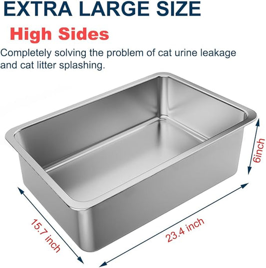 Stainless Steel Litter Box, 4 Pack Metal Cat Litter Pan with 6" High Sides, 23.6"x15.7" Large Cat Litter Box for Big and Small Cats, Easy to Clean, No Smell, Anti-Urine Leakage