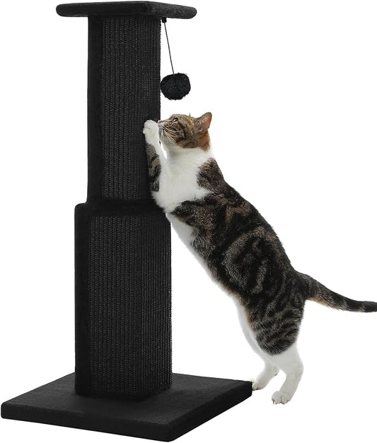 PAWZ Road Large Cat Scratching Post 32” Tall Black Scratching Post for Indoor Cats Adults Ultimate Scratch Post with Woven Sisal, Large Base and Removable Dangling Ball- Black