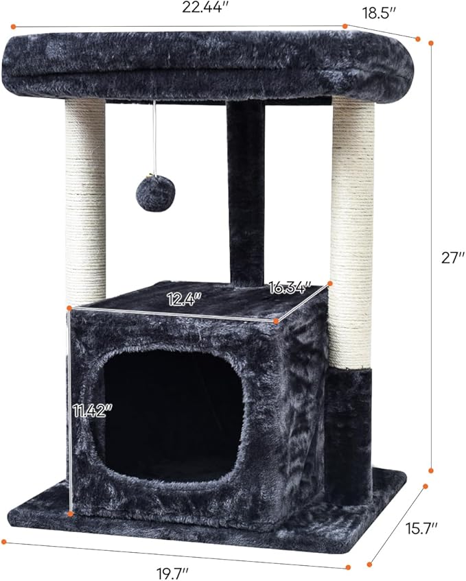 SYANDLVY Cat Tree for Indoor Cats Large Adult, Modern Activity Tower with Scratching Posts, Condo with Plush Perch, Climbing Stand with Spring Ball for Play, Smoky