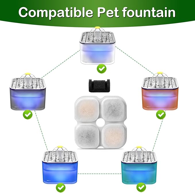 Cat Water Fountain Filter,Compatible 101oz/3L Crystal Stainless Steel Pet Water Fountain,Cat Fountain Replacement Filter 6 Set