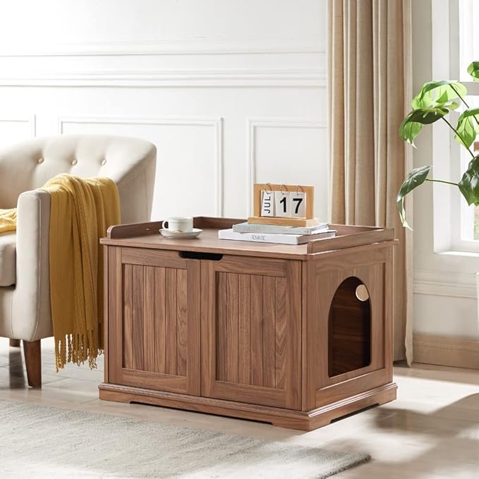 unipaws Cat Litter Box Enclosure Furniture, Hidden Litter Box Cover Washroom, Dog Proof Cabinet House for Large Cat, Hideaway Litter Box, Walnut