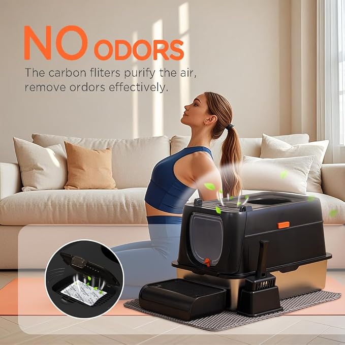 Citylife Stainless Steel Cat Litter Box with Lid, Front & Top Entry Extra Large Metal Kitty Litter Box Enclosure with Scoop & Double Layer Mat, Anti-Leakage, Non-Sticky, Black