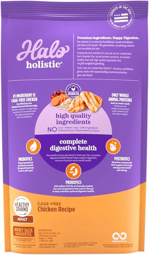 Halo Holistic Cage Free Chicken Cat Food, Healthy Grains Dry Cat Food, Complete Digestive Health, Kibble for Adult Cats, 10 lb Bag