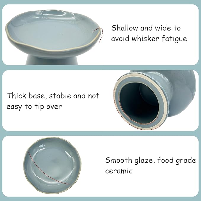 VCEPJH Elevated Cat Bowls 6.1in Shallow Cat Food Plate Pack of 2 Ceramic Raised Cats Dish Flat Anti Whisker Fatigue Wide Pet Food & Water Feeder for Indoor Kitty Kitten (Blue)