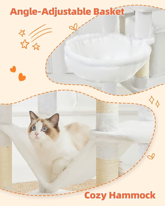 Taoqimiao Cat Tree, 66.2-Inch Cat Tower for Indoor Cats, Plush Multi-Level Cat Condo with 12 Scratching Posts, 2 Perches, 2 Caves, Hammock, 2 Pompoms, Cream White MS013C