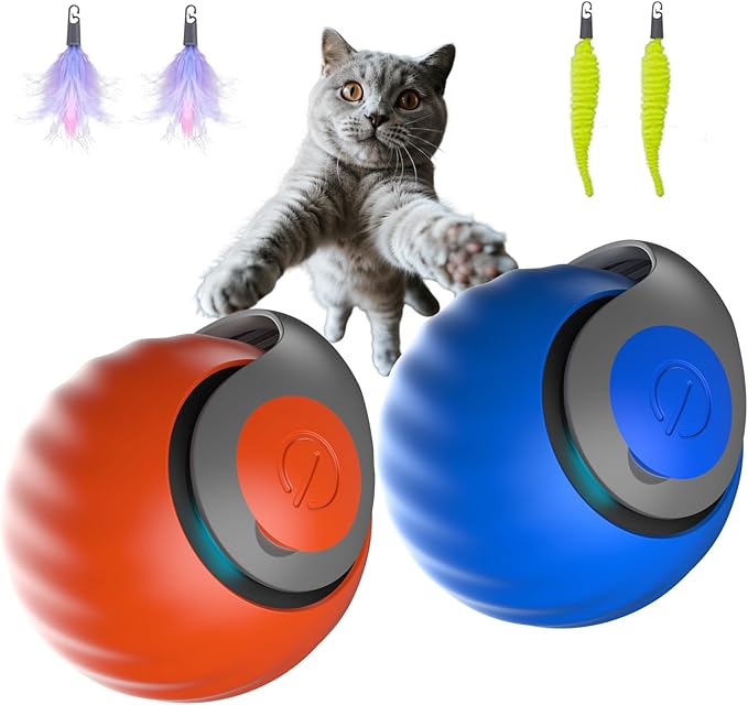 Interactive Cat Ball for Indoor Cats - Dual-Speed Automatic Rolling Ball Toy with 90Min Run Time, Plush + Feather Tails, Energetic Cat Chase Exercise, Blue/Orange
