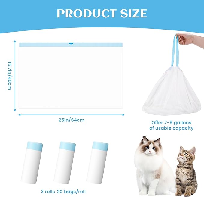 60 Count Self-Cleaning Cat Litter Box Liners Bag Compatible with Litter-Robot 3/4, Heavy Duty Thick Drawstring Replacement Cat Litter Bags for Litter-Robot 3/4 Self Cleaning Litter Box Bags 25 * 15"