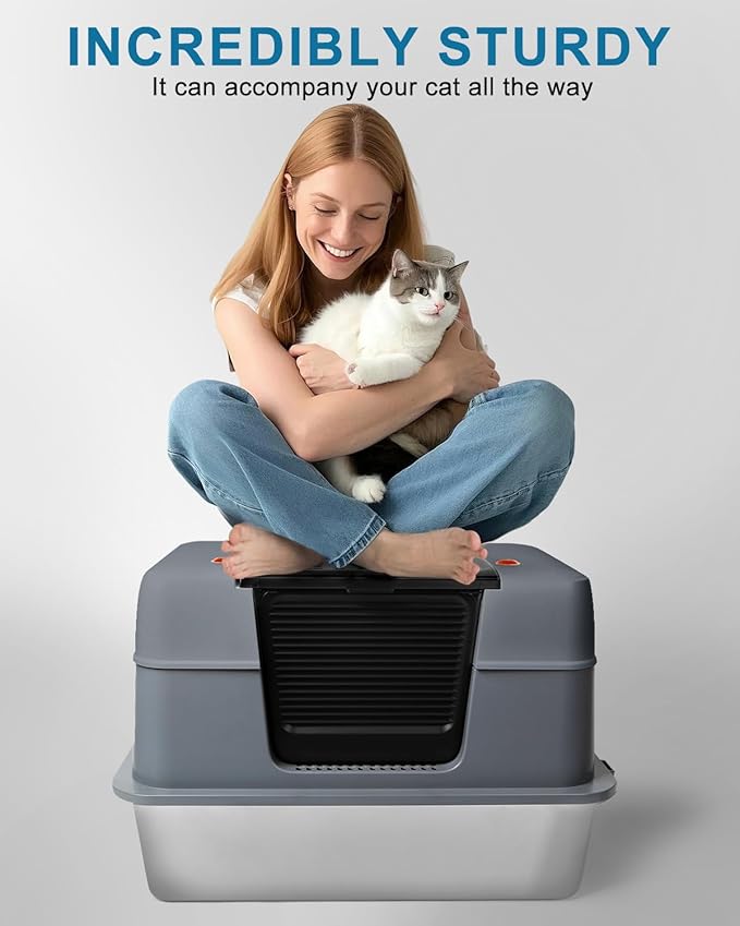 Stainless Steel Enclosed Cat Litter Box with Lid，Covered Metal Kitty Litter Box with Litter Mat and Odor Reduction Pack(2kg), Metal Scoop，Switchable Design, Easy Clean (Litter Box Grey)