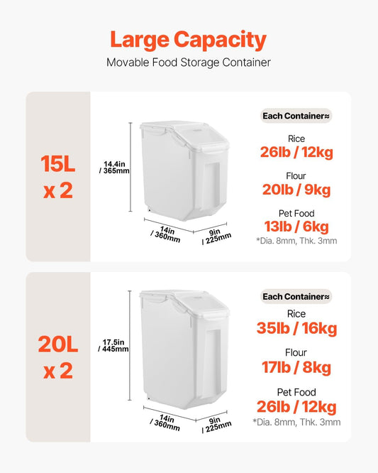 VEVOR Rice Storage Container, 3.5Gal/15Lx2 + 4.5Gal/20Lx2 Large Dog Food Dispenser Bin, Kitchen Ingredient Grain Cereal Bin, Pet food Containers with Wheels, 4 Measuring Cups, Airtight Lid, 4 Pack