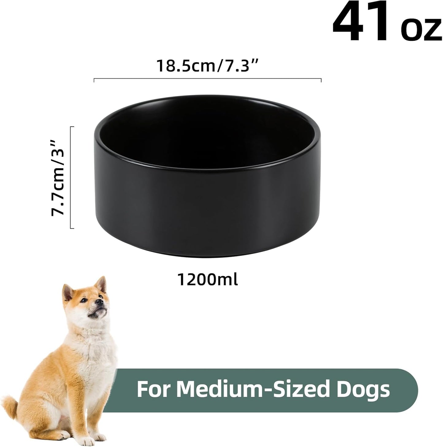 Ceramic Dog Bowl, Food and Water Bowl for Medium Breed Dog, Pet Bowl for Replacement (7.3 inch, Single Bowl, Black)