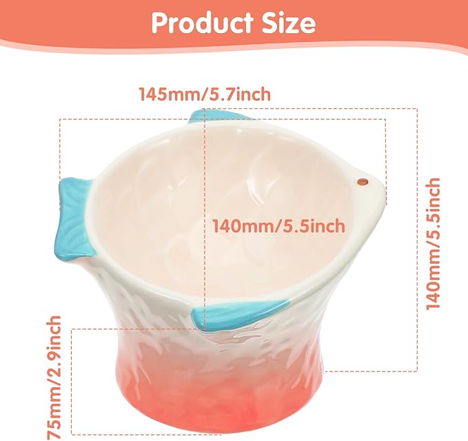 2 Pcs Raised Tilted Ceramic Cat Food Bowl, Cute Elevated Slanted Shallow Shallow Angled Fish Shape Cat Bowl, Non Slip Cats Feeding Bowls for Anti-Vomiting and Whisker Fatigue (Blue, Pink)