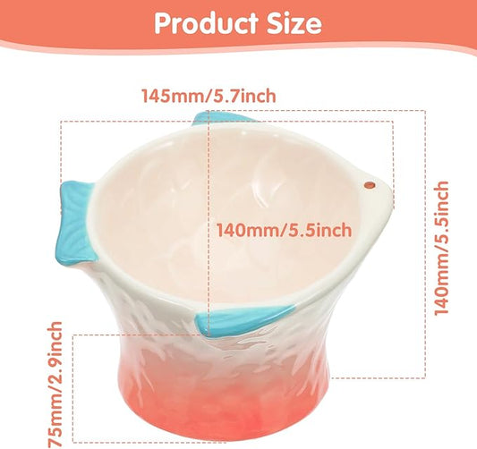 2 Pcs Raised Tilted Ceramic Cat Food Bowl, Cute Elevated Slanted Shallow Shallow Angled Fish Shape Cat Bowl, Non Slip Cats Feeding Bowls for Anti-Vomiting and Whisker Fatigue (Blue, Pink)