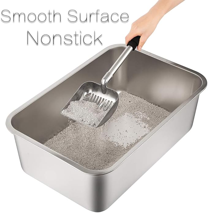 Yangbaga Stainless Steel Litter Box for Cat and Rabbit, Large Size with 8in High Sides and Non Slip Rubber Feet. Odor Control, Non Stick Smooth Surface, Easy to Clean, Never Bend