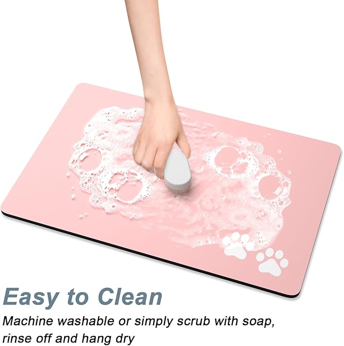 Rnivvi Dog Food Mat, 16" x 24" Footprint Absorbent Dog Cat Bowl Mat for Food and Water, Cute Anti-Slip Rubber Pet Feeding Rug Protect Floors, Puppy Placemat for Feeding & Watering Supplies, Pink