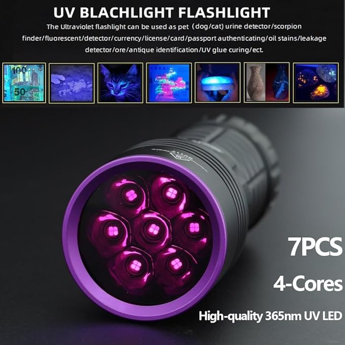 ALONEFIRE SV117 365nm UV Flashlight 70W Powerful Blacklight Digital Display USB Rechargeable Black Light for Pet Urine Detector, Scorpion, Resin, Bed Bug, Fishing with UV Protective Glasses, Battery