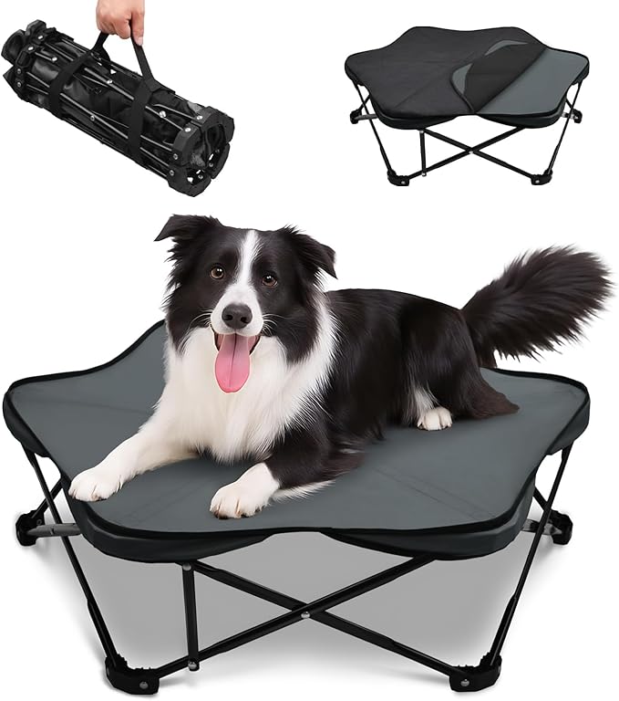 Pozico Hexagonal Elevated Dog Bed, 32" Foldable Pet Cot with Carry Handle, Removable Plush Cushion, Breathable Raised Frame for Medium/Small Dogs – Indoor & Outdoor Use