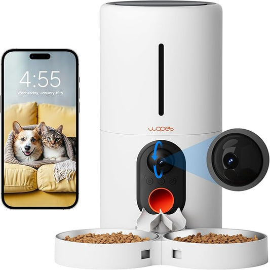 WOPET Automatic Cat Feeder with Camera for Two Cats, 5G WiFi Dog Feeder, 1080p HD Automatic Pet Feeder with Night Vision for Cat & Dog, SD Card Storage & 2-Way Audio
