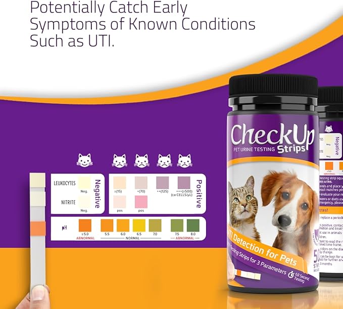 CheckUp Cat and Dog UTI Urine Test Strips | 3 Parameters CheckUp in 1- a More Detailed Test of 3 UTI Related Markers - pH, Nitrite and Leukocytes Levels x50