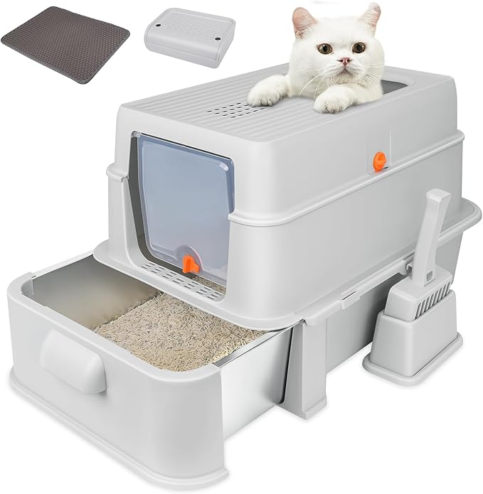 ELEGX Odor-Control Extra Large 24" L×16" W Drawer Design Stainless Steel Cat Litter Box,XL Large 4-in-1 Cat Metal Litter Box Set,Extremely Easy to Clean,Enclosed Removable with High Sided Enclosure