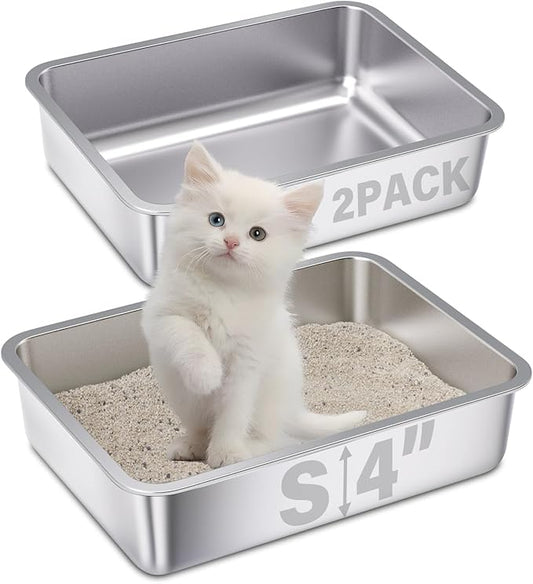 Small Stainless Steel Litter Box 2 Pack,15.7"x11.8"x4" Small Litter Box for Kittens, Easy Clean Non Stick Easy Entry No Smell Metal Litterbox for Kitty/Rabbits