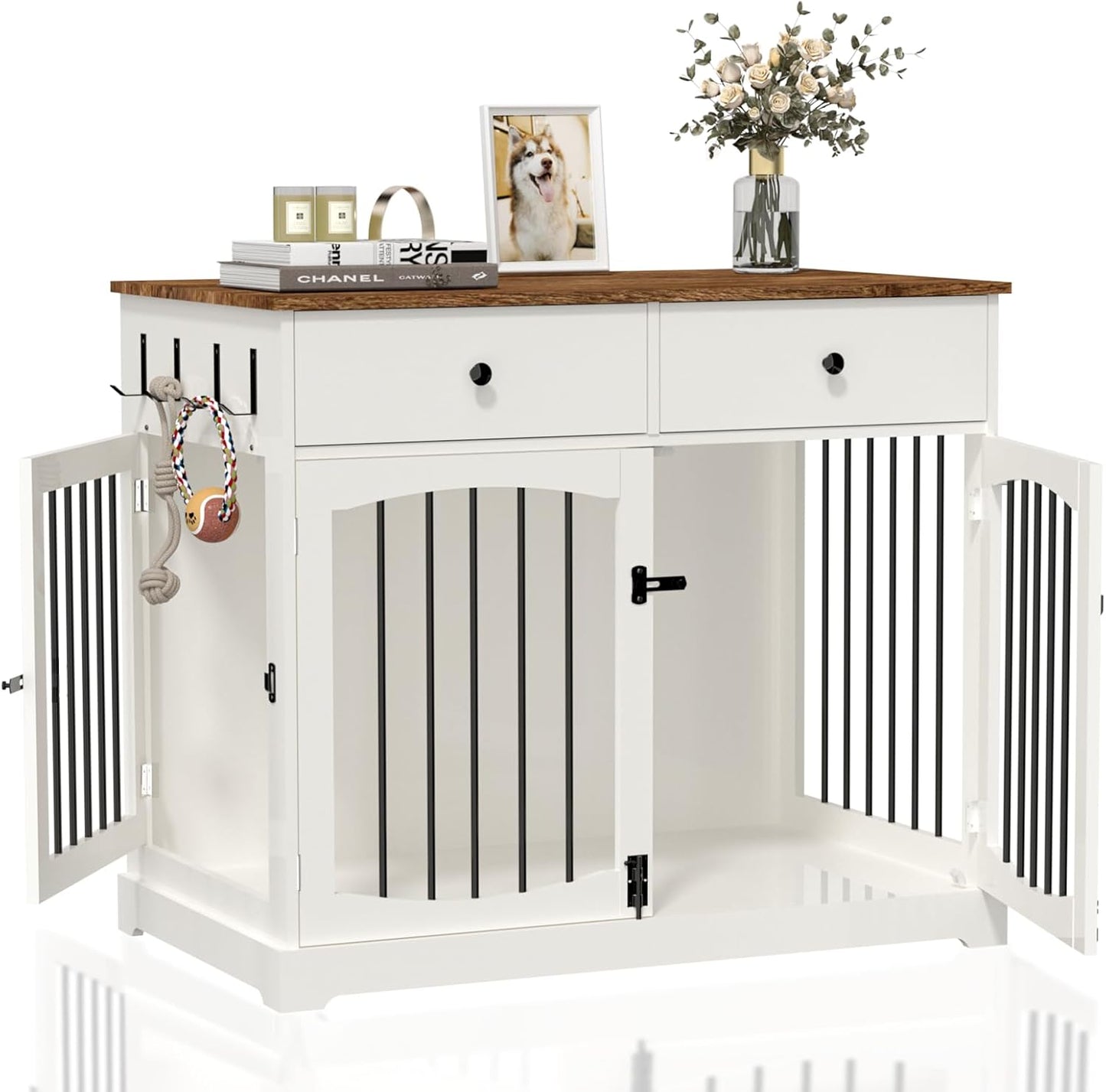 BREEZEHEAT 40 inch Dog Crate Furniture-Farmhouse Dog Kennel with Drawers-End Table Wooden Pet Crate, Double Door Design, Decorative Dog House Indoor for Small Medium Large Dog, White
