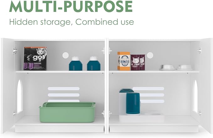 Large/Tall Litter Box Enclosure, Modern Wooden Litter Box Furniture for XL Litterbox with Hidden Storage as Sideboard Cabinet (White)