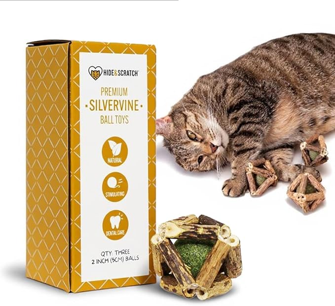 Hide & Scratch Premium Silvervine Catnip Balls (3 Pack) - All Natural, Hand-Woven Cat Toy to Stimulate Play and Promote Dental Health; Cat Chew Toys for Indoor Cats