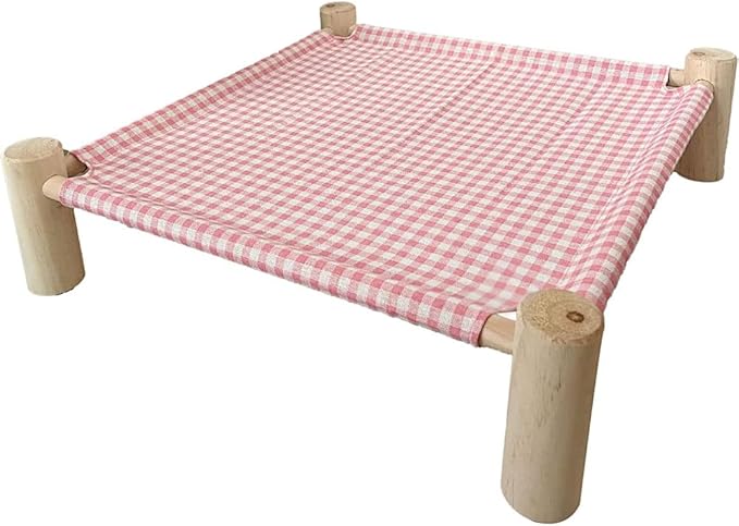 Pozico Elevated Cat & Dog Bed – Wooden Frame Pet Hammock for Small Dogs & Cats, Indoor/Outdoor Raised Bed with Breathable Mesh, Portable Pet Cot Furniture – Pink Grid