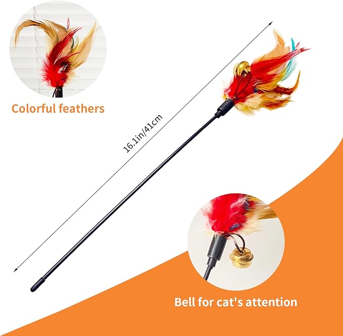 Cat Feather Toys, Cat Toy with Elastic Turkey Feathers, Interactive Teaser Wand with Bell, Durable Flexible Rod for Playful Kittens and Cats, Indoor Entertainment for Pets (1.35")