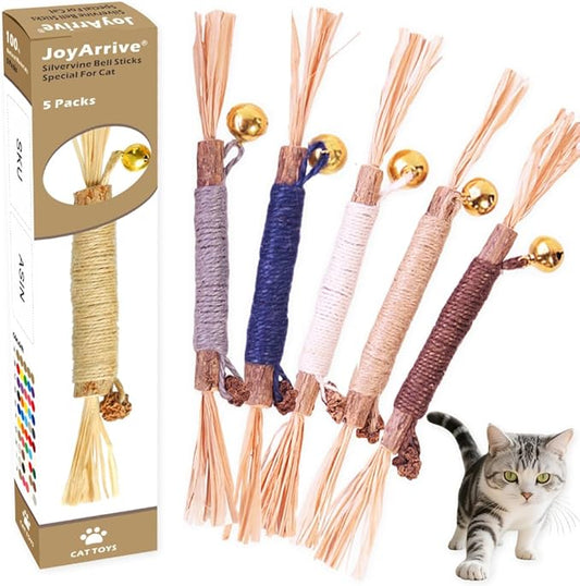 Natural Dried Matatabi Cat Chew Stick with Gall Fruit, Raffia Grass & Bell Cat Ball Toys, Handmade Silvervine Sticks Interactive Catnip Toys for Teething & Entertainment (Size M Color I)