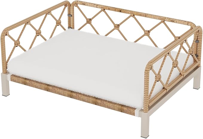 Outdoor Wicker Dog Bed Indoor Rattan Dog Sofa with Soft Cushion (Brown Wicker/White Cushion, Small)