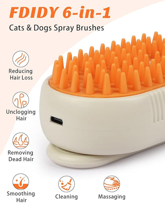 6 in 1 Cat Steam Brush for Shedding, Portable Anti-Static Grooming Comb for Cats & Dogs, Steam Misting Water Brush, Self-Cleaning Pet Hair Remover, Indoor Cat Spray Brushes for Cats & Dogs